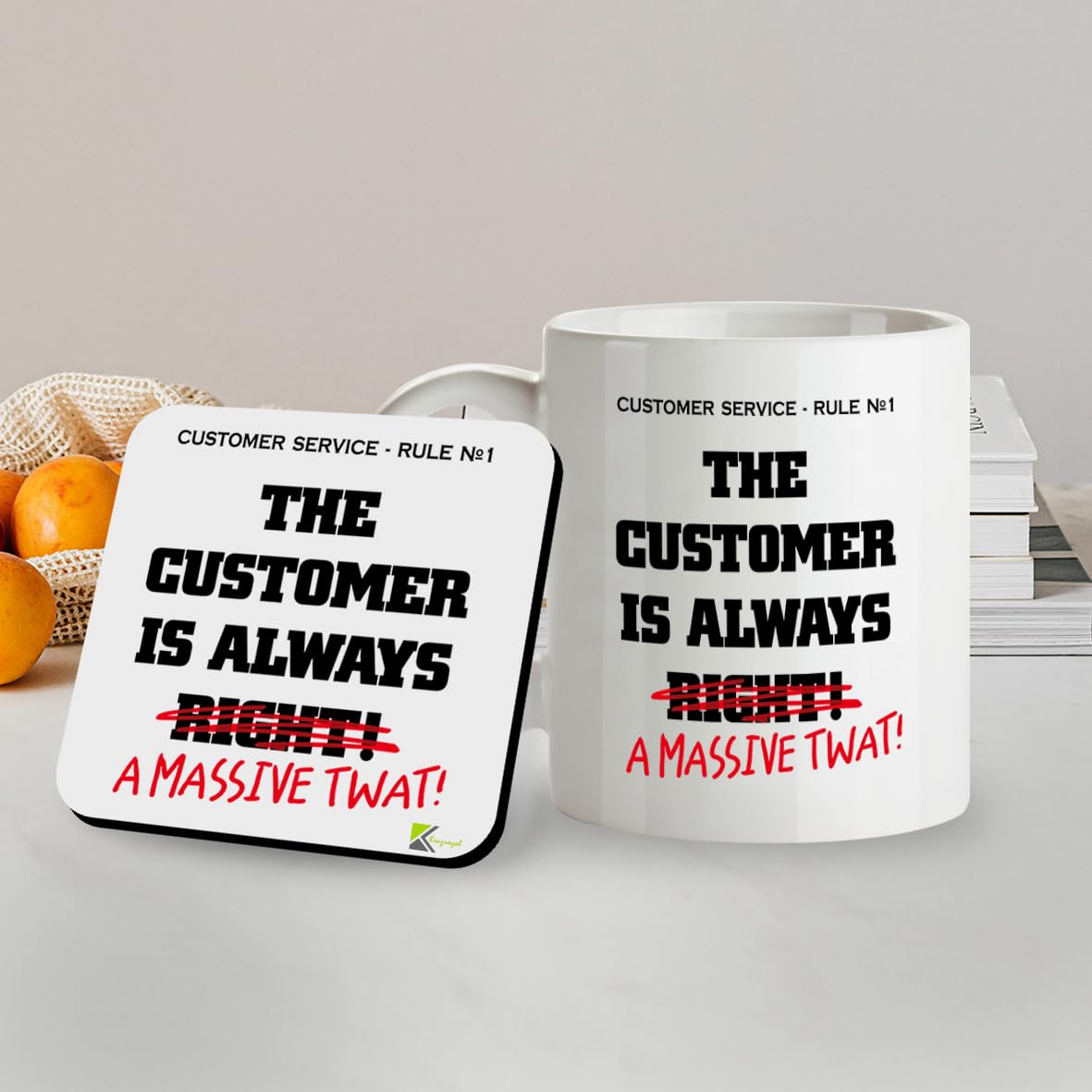 Kruzroyal SM057 Customer Service - Rule no 1 Customer is Always Right! A Massive Tw*t! - 11OZ Mug & Matching Coaster Set - Gift for Retail Collegue Boss Shop Outlet