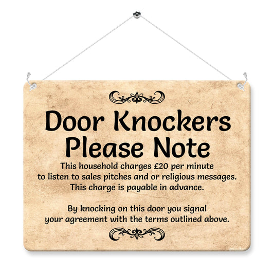 Kruzroyal Funny No Soliciting Metal Door Sign, No Cold Callers Door Knockers Please Note Plaque Gift, Retro Vintage Tin Decor for Front Door or Porch, 20x15cm with Hanging String