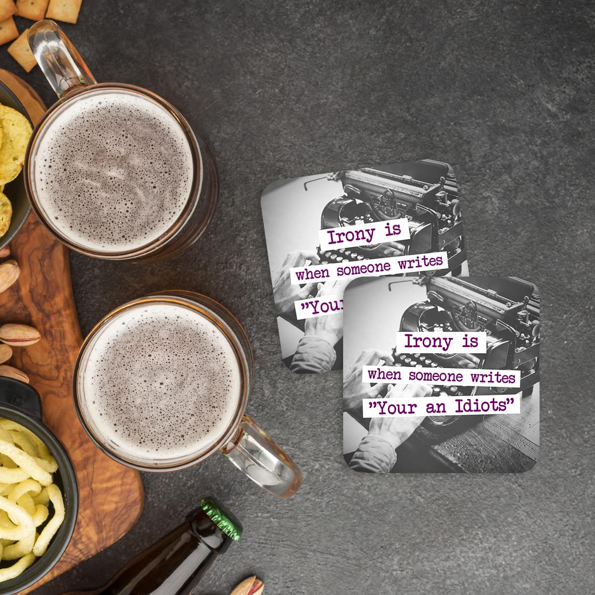 CS775 Irony is When Someone Write "Your an Idiots" Novelty Funny Coffee Tea Drink Gift Glossy MDF Wooden Coaster