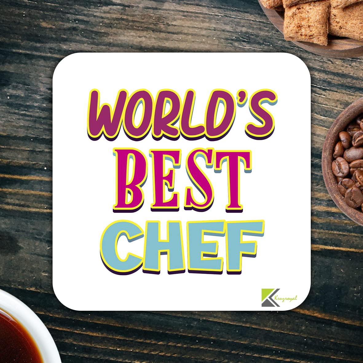WB060 World's Best CHEF MDF Wooden Coaster by Kruzroyal | Gift for CHEF | Unique Novelty Present | 9cm x 9cm | Coffee Tea MDF Wooden Coaster