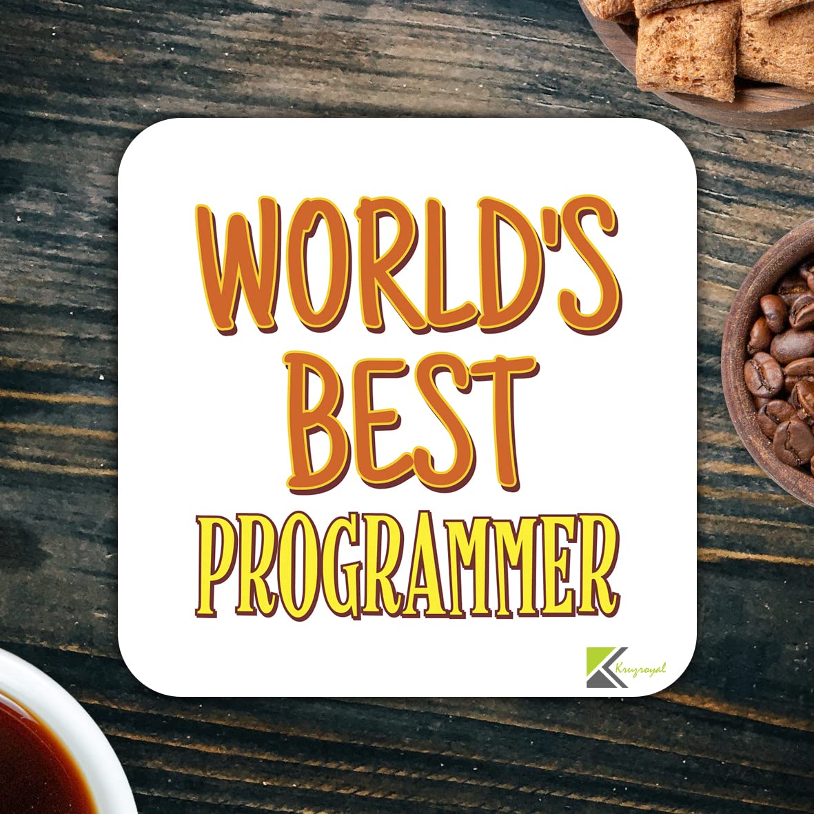WB087 World's Best Programmer MDF Wooden Coaster by Kruzroyal | Gift for Programmer | Unique Novelty Present | 9cm x 9cm | Coffee Tea MDF Wooden Coaster