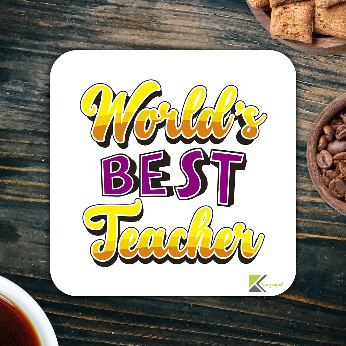 WB033 World's Best Teacher MDF Wooden Coaster by Kruzroyal | Gift for Teacher | Unique Novelty Present | 9cm x 9cm | Coffee Tea MDF Wooden Coaster