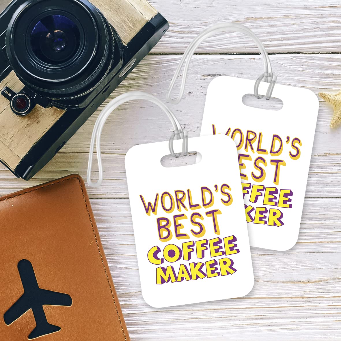 LT429 World's Best Coffee Maker Novelty Funny Unique Designer Gift, Suitcase, Glossy Plastic Luggage Tag for Coffee Maker