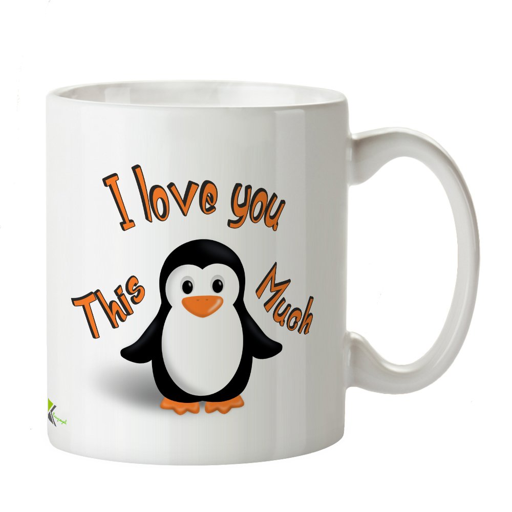 Kruzroyal Cute Penguin Mug, I Love You This Much Design, Sweet Romantic Gift for Girlfriend, Boyfriend, Wife or Husband, White Ceramic Coffee Cup, 11 oz
