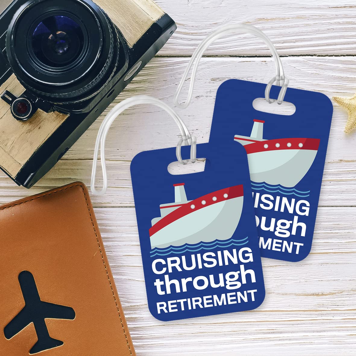 LT034 Cruising Through -Retirement- Novelty Funny Unique Designer Gift Glossy Plastic Suitcase Luggage Tag