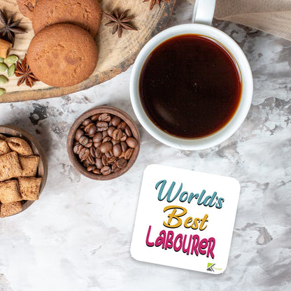 WB073 World's Best Labourer MDF Wooden Coaster by Kruzroyal | Gift for Labourer | Unique Novelty Present | 9cm x 9cm | Coffee Tea MDF Wooden Coaster