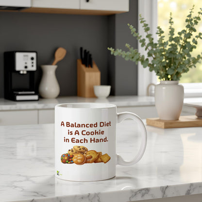 Kruzroyal A Balanced Diet is A Cookie in Each Hand Funny Mug | Humorous Ceramic Coffee Tea Cup Gift for Biscuit Lovers | Novelty Drinkware for Friends & Family