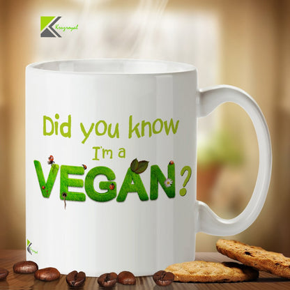 Kruzroyal Funny Vegan Mug, Did You Know I'm A Vegan Grass Text Design, Novelty Gift for Vegetarians, Plant Based Friends or Coworker, White Ceramic, 11 oz Great Gift Idea Coffee Tea Mug