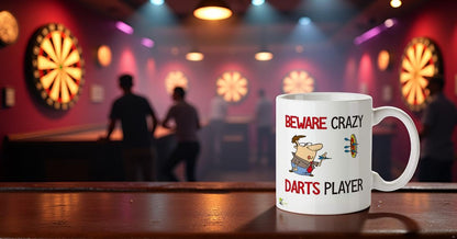 Kruzroyal "Beware Crazy Darts Player Funny Mug - 11oz Ceramic Coffee Cup, Novelty Gift for Men, Dad, Husband, League and Game Room