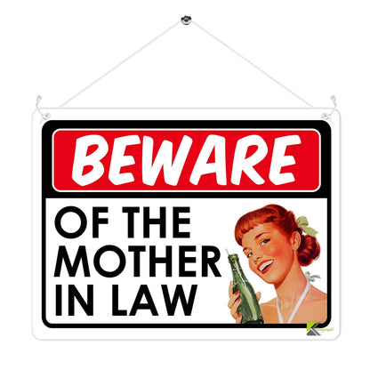 Kruzroyal MP345 BEWARE, Of the mother in law. Funny Novelty Retro Vintage Metal Wall Sign Plaque 20cm x 15cm
