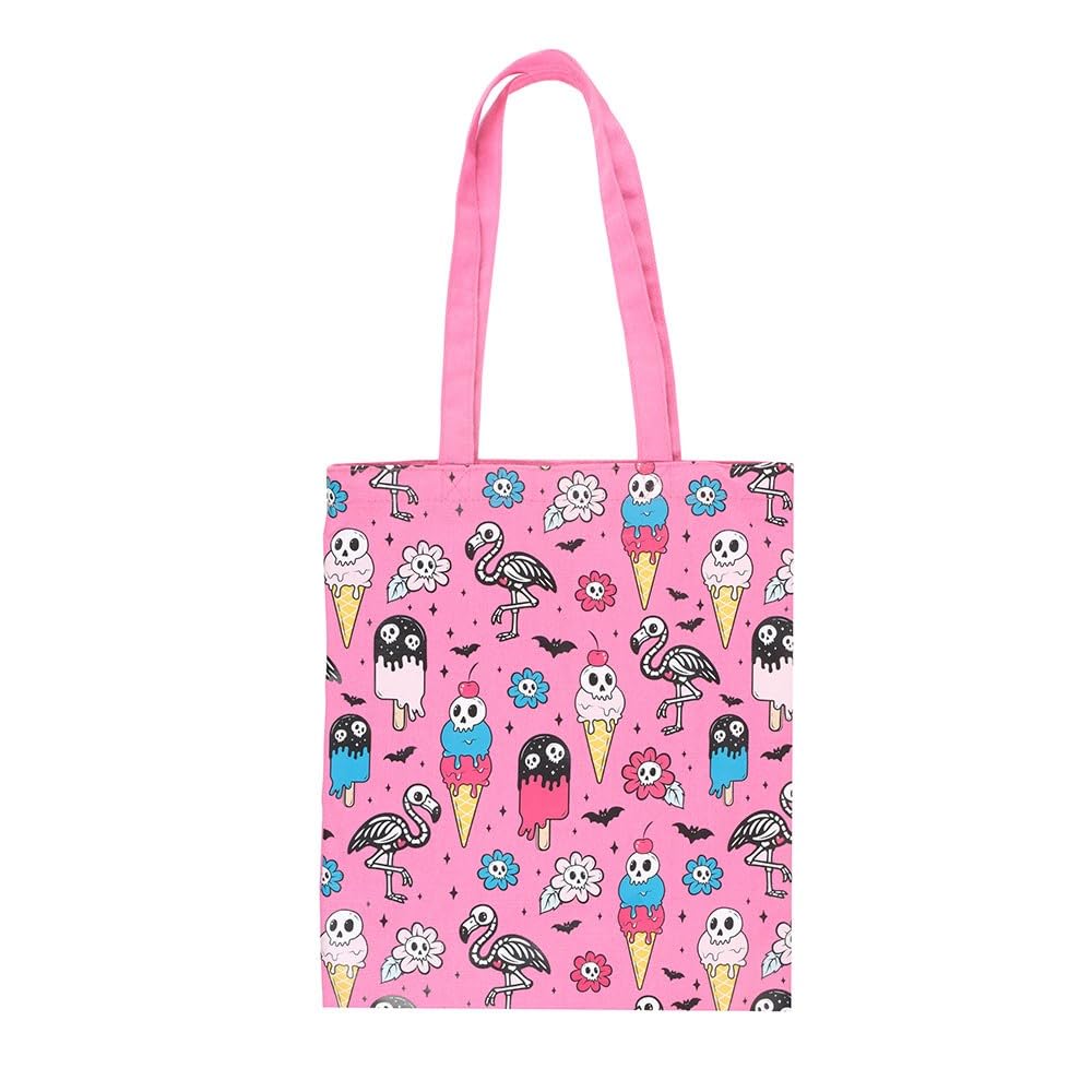 Something Different Wholesale Pink Gothic Tote Bag with Skull Ice Cream & Flamingo Print – Hot Goth Summer Shopper Bag for Beach, Shopping, Festivals & Everyday Use