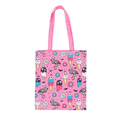 Something Different Wholesale Pink Gothic Tote Bag with Skull Ice Cream & Flamingo Print – Hot Goth Summer Shopper Bag for Beach, Shopping, Festivals & Everyday Use