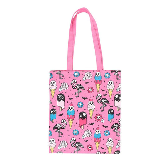 Something Different Wholesale Pink Gothic Tote Bag with Skull Ice Cream & Flamingo Print – Hot Goth Summer Shopper Bag for Beach, Shopping, Festivals & Everyday Use