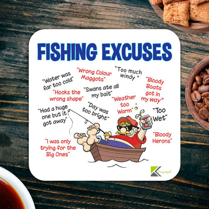 CS099 Fishing excuses Novelty Funny Coffee Tea Drink Gift Glossy MDF Wooden Coaster Mug Mat for Angler, Fisherman - Humorous Gift for Dad, Grandad - Father's Day, Birthday