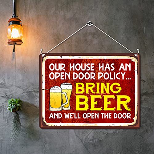 Kruzroyal MP440 Our house has an open door policy... Bring Beer and we'll open the door Funny Novelty Retro Vintage Metal Wall Sign Plaque 20cm x 15cm