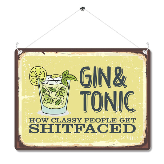 Kruzroyal Funny Gin & Tonic Metal Wall Sign, How Classy People Get Novelty Plaque Gift, Humorous Retro Vintage Tin Decor for Home Bar or Pub, 20x15cm with Hanging String