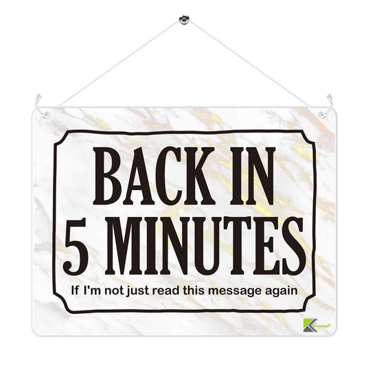 Kruzroyal Funny Office Door Sign, Back In 5 Minutes Novelty Plaque Gift, Humorous Retro Vintage Metal Wall Decor for Workplace or Study, 20x15cm