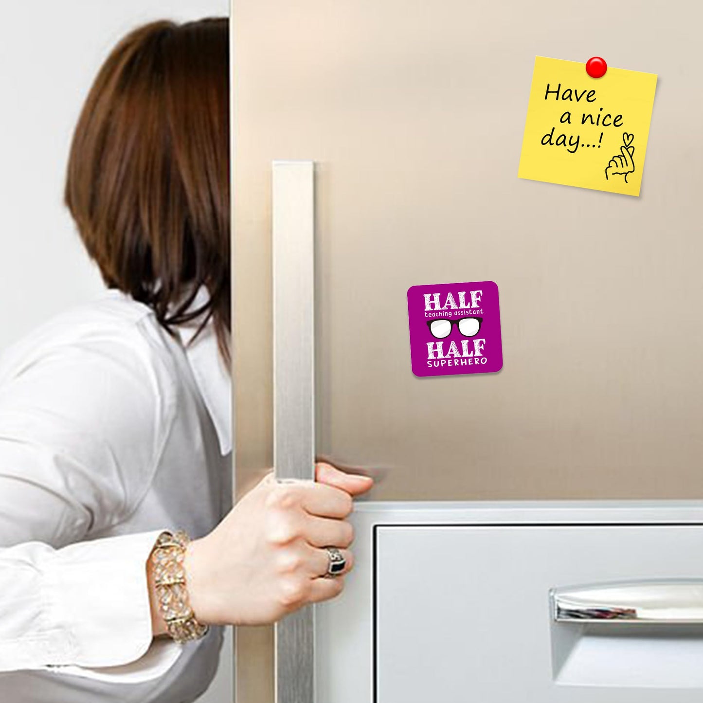 FM046 Half Teaching Assistant Half Superhero Novelty Funny Idea Glossy Metal Square Fridge Magnet