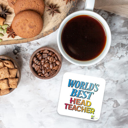 WB047 World's Best Head Teacher MDF Wooden Coaster by Kruzroyal | Gift for Head Teacher | Unique Novelty Present | 9cm x 9cm | Coffee Tea MDF Wooden Coaster