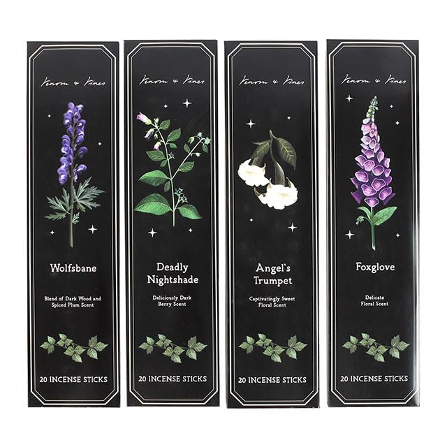 Set of 4 Poisonous Plants Incense Stick Packs – Botanical-Inspired Scents with Gothic Plant Designs, Ideal for Creating Mystical Atmospheres and Unique Home Décor