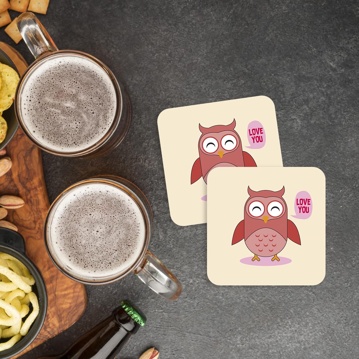 CS634 OWL: Love You Novelty Funny Coffee Tea Drink Gift Glossy MDF Wooden Coaster