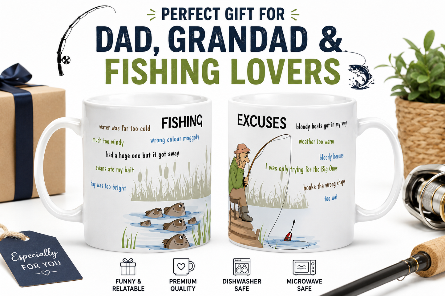 Kruzroyal Funny Fishing Excuses Mug, The Fisherman's Excuses Wrap Around Design, Novelty Angling Gift for Dad, Grandad or Husband, Funny Novelty Great Gift Idea Coffee Tea Cup11 oz