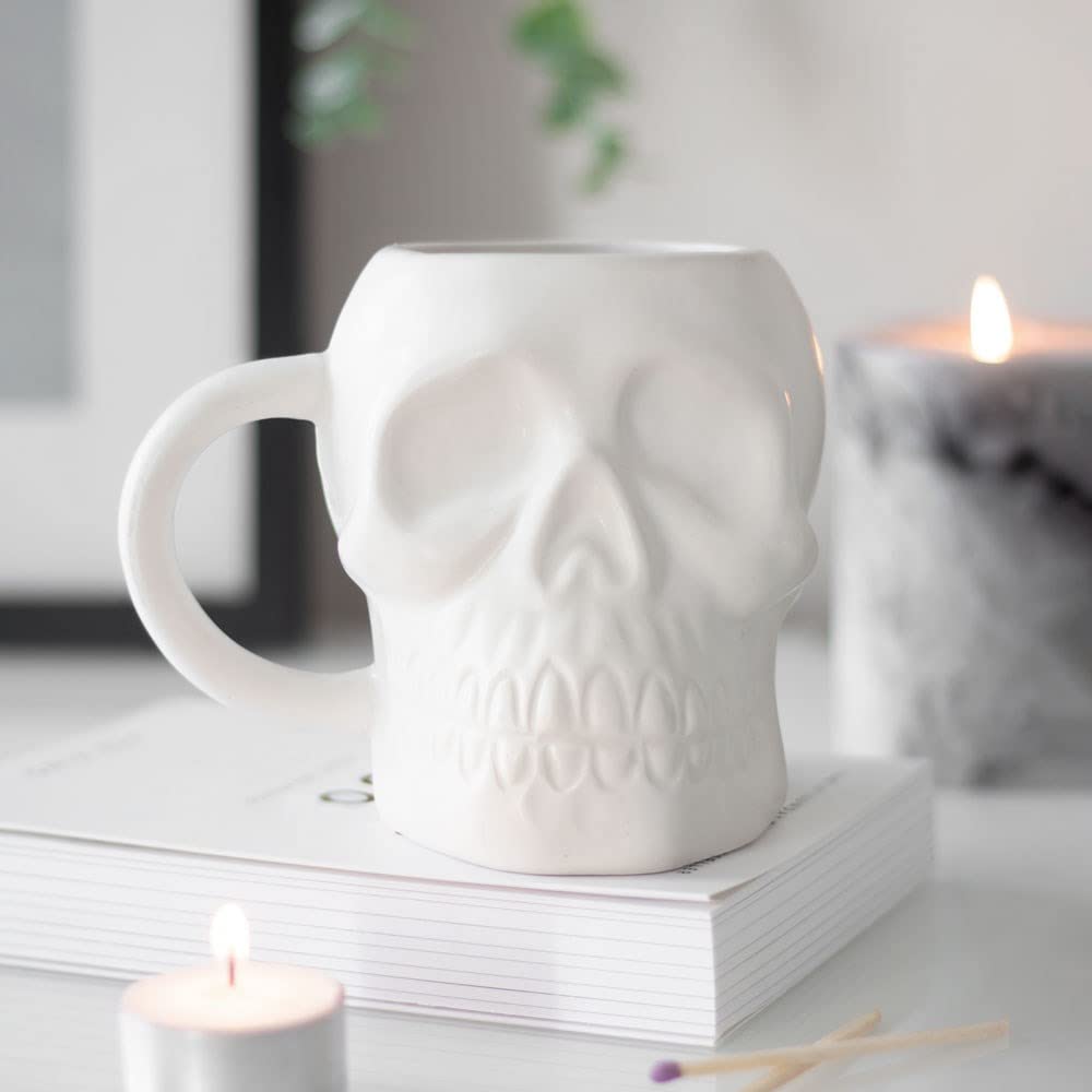 Chic Matte White Skull Mug - 14cm x 16.3cm (1 Pc.) - Features Large Rounded Handle & Skull Shaped, 500ml Capacity - Perfect Halloween Gathering Accessory or Addition to a Skull-Themed Collection
