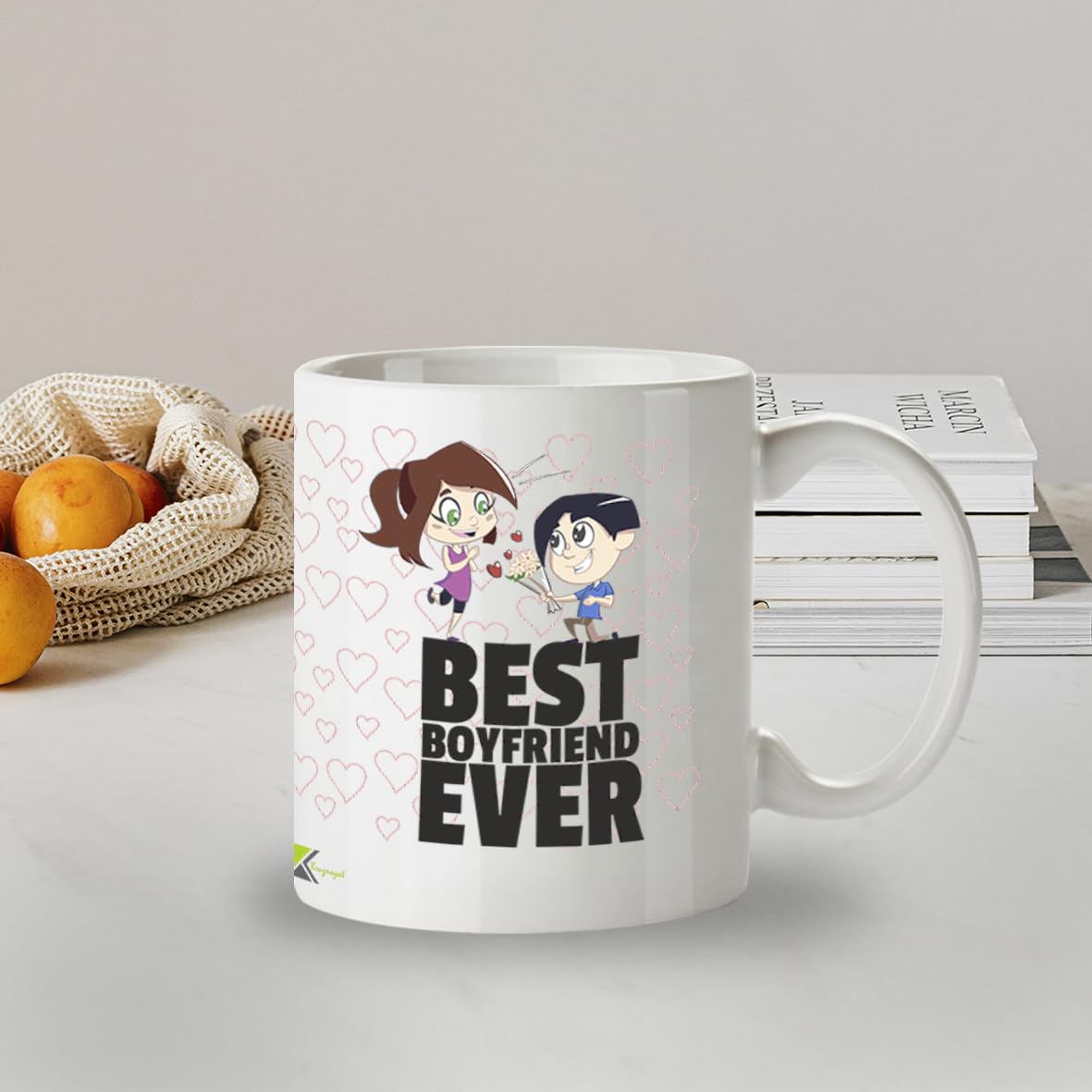 Kruzroyal Best Boyfriend Ever Mug, Cute Cartoon Couple Design, Romantic Novelty Present for Men or Partner, White Ceramic Coffee Cup, 11 oz DZ080