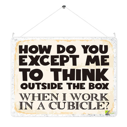 Kruzroyal MP323 HOW DO YOU EXCEPT ME TO THINK OUTSIDE THE BOX,When i work in a cubicle? Funny Novelty Retro Vintage Metal Wall Sign Plaque 20cm x 15cm
