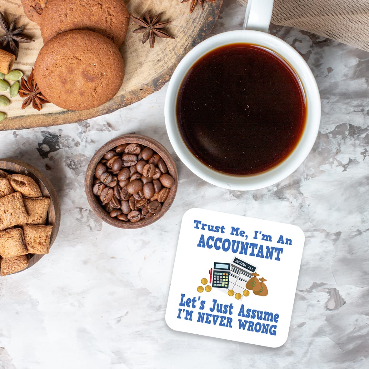 CS531 Trust ME, I'm an Accountant, Let's just Assume I'm Never Wrong. Novelty Funny Coffee Tea Drink Gift Glossy MDF Wooden Coaster | End of Year, Office Secret Santa Present for Men & Women