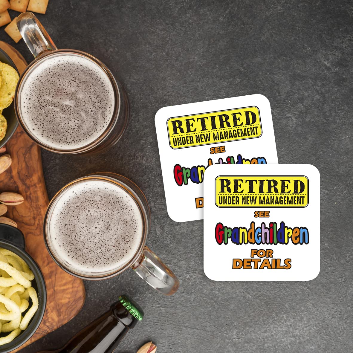 CS589 Retired : Under New Management See Grandchildren for Details Novelty Funny Coffee Tea Drink Gift Glossy MDF Wooden Coaster