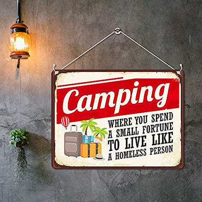 Kruzroyal Funny Camping Metal Wall Sign, Spend A Fortune Novelty Plaque Gift, Humorous Retro Tin Decor for Campervan or Caravan, 20x15cm MP008