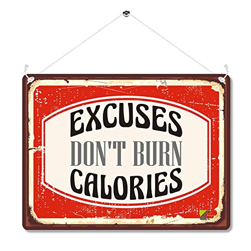 Kruzroyal Funny Fitness Metal Wall Sign, Excuses Don't Burn Calories Novelty Plaque Gift, Humorous Retro Vintage Tin Decor for Home Gym or Office, 20x15cm with Hanging String