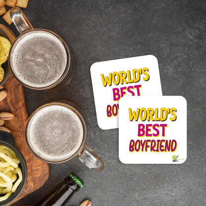WB035 World's Best Boyfriend MDF Wooden Coaster by Kruzroyal | Gift for Boyfriend | Unique Novelty Present | 9cm x 9cm | Coffee Tea MDF Wooden Coaster