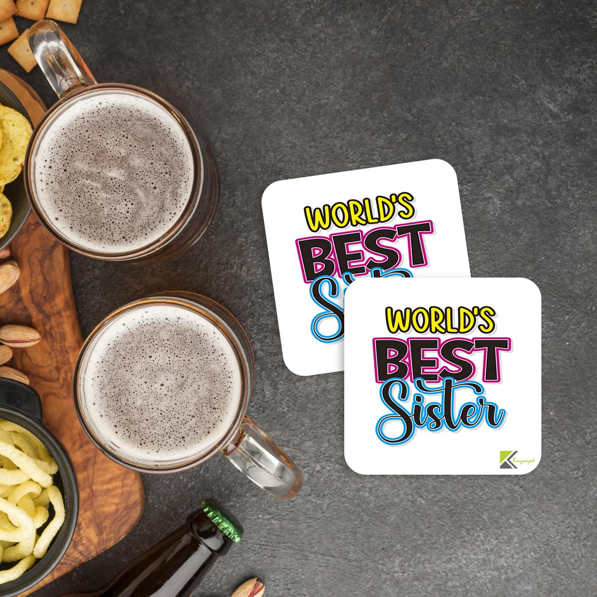 WB015 World's Best Sister MDF Wooden Coaster by Kruzroyal | Gift for Sister| Unique Novelty Present | 9cm x 9cm | Coffee Tea MDF Wooden Coaster