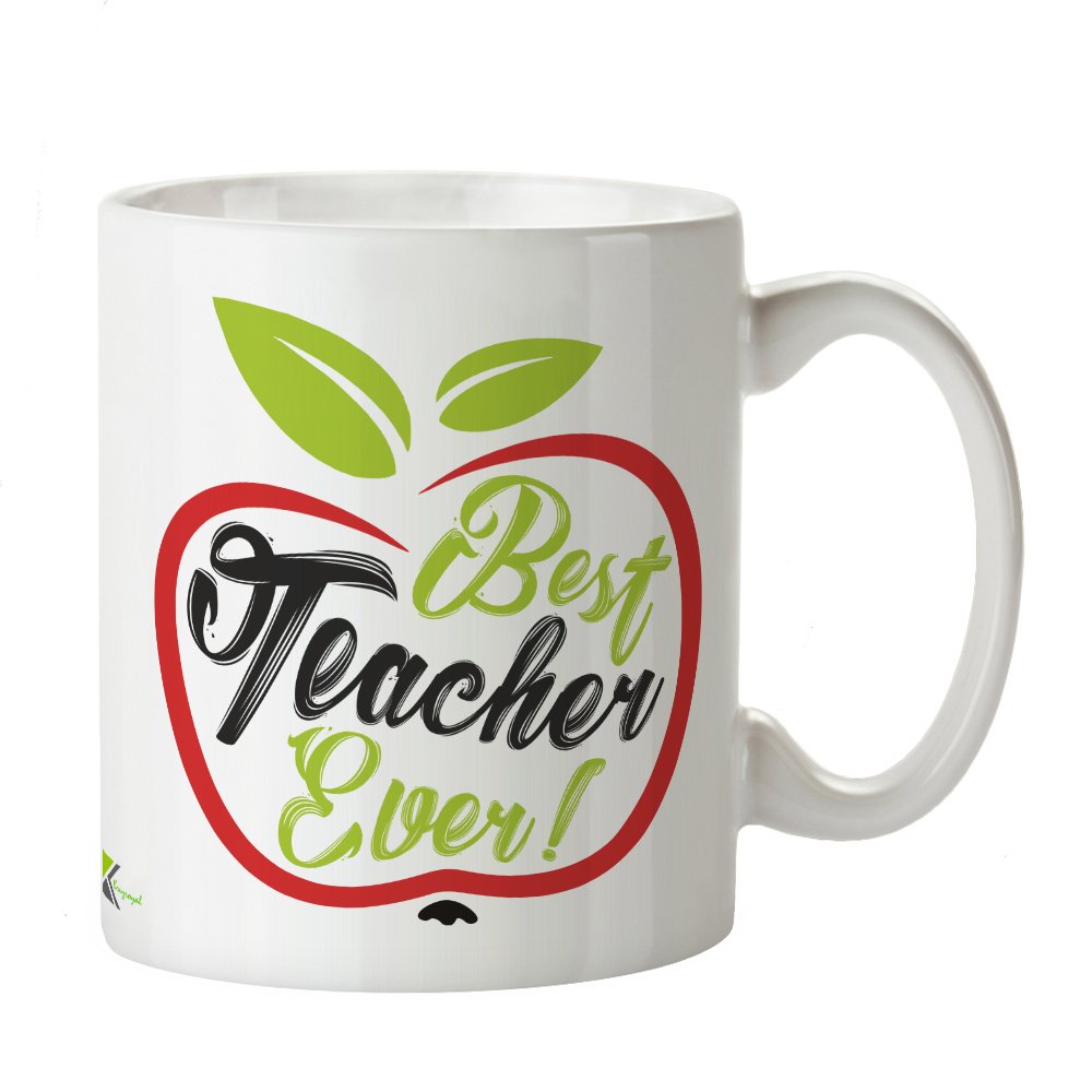 Kruzroyal Best Teacher Ever Mug, Novelty End of Term Gift for School Teacher, Tutor or Nursery, Classic Red Apple Design, White Ceramic Coffee Cup, 11 oz