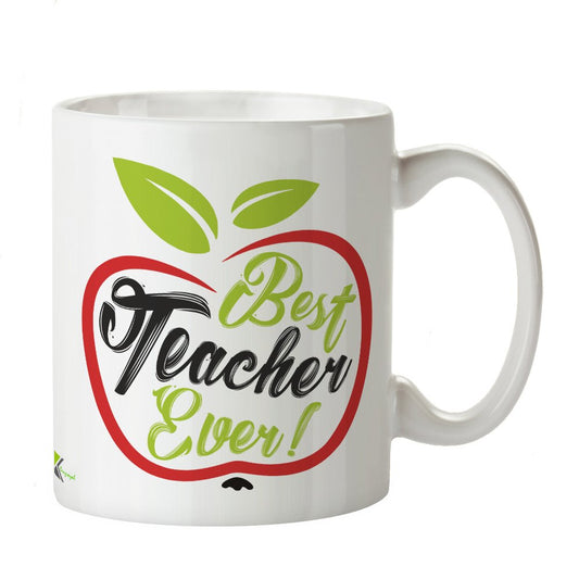 Kruzroyal Best Teacher Ever Mug, Novelty End of Term Gift for School Teacher, Tutor or Nursery, Classic Red Apple Design, White Ceramic Coffee Cup, 11 oz
