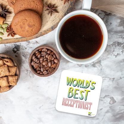 WB086 World's Best Receptionist MDF Wooden Coaster by Kruzroyal | Gift for Receptionist | Unique Novelty Present | 9cm x 9cm | Coffee Tea MDF Wooden Coaster