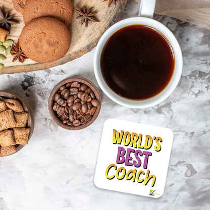 WB099 World's Best Coach MDF Wooden Coaster by Kruzroyal | Gift for Coach| Unique Novelty Present | 9cm x 9cm | Coffee Tea MDF Wooden Coaster