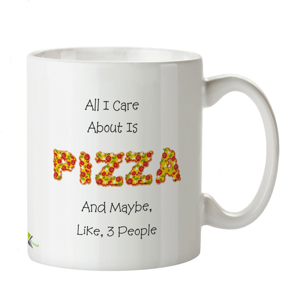 Kruzroyal Funny Pizza Mug, All I Care About is Pizza Design, Novelty Introvert Gag Gift for Teenager, Friend or Coworker, White Ceramic Coffee Cup, 11 oz
