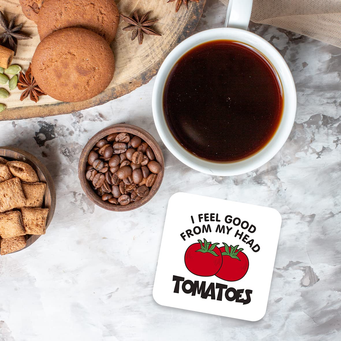 CS405 I Feel Good from My Head Tomatoes Novelty Funny Coffee Tea Drink Gift Glossy MDF Wooden Coaster