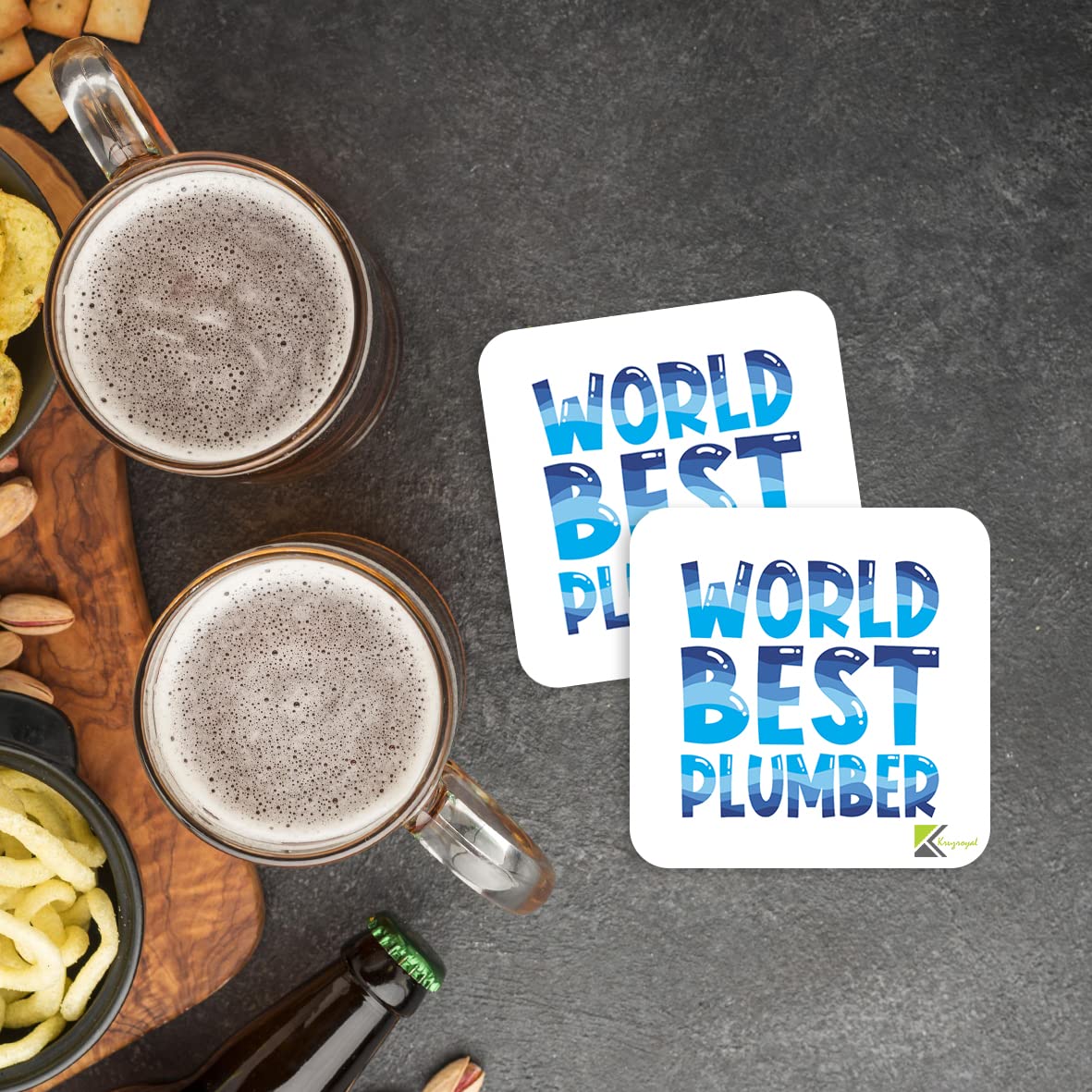 WB005 World's Best Plumber MDF Wooden Coaster by Kruzroyal | Gift for Plumber | Unique Novelty Present | 9cm x 9cm | Coffee Tea MDF Wooden Coaster