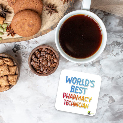WB075 World's Best Pharmacy Technician MDF Wooden Coaster by Kruzroyal | Gift for Pharmacy Technician | Unique Novelty Present | 9cm x 9cm | Coffee Tea MDF Wooden Coaster