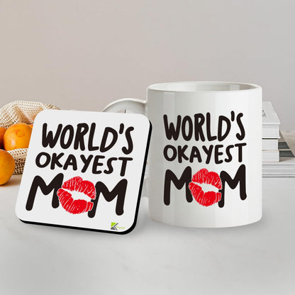 Kruzroyal SM070 World's Okayest Mom - Ceramic Tea Coffee 11OZ Mug & Matching Coaster Set for Mom Mum Aunty Grandma