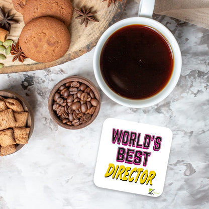 WB039 World's Best Director MDF Wooden Coaster by Kruzroyal | Gift for Director | Unique Novelty Present | 9cm x 9cm | Coffee Tea MDF Wooden Coaster