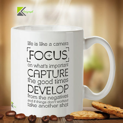 Kruzroyal Inspirational Photographer Mug, Life is Like A Camera Typography Design, Novelty Motivational Gift for Friend, Coworker or Student, White Ceramic, 11 oz