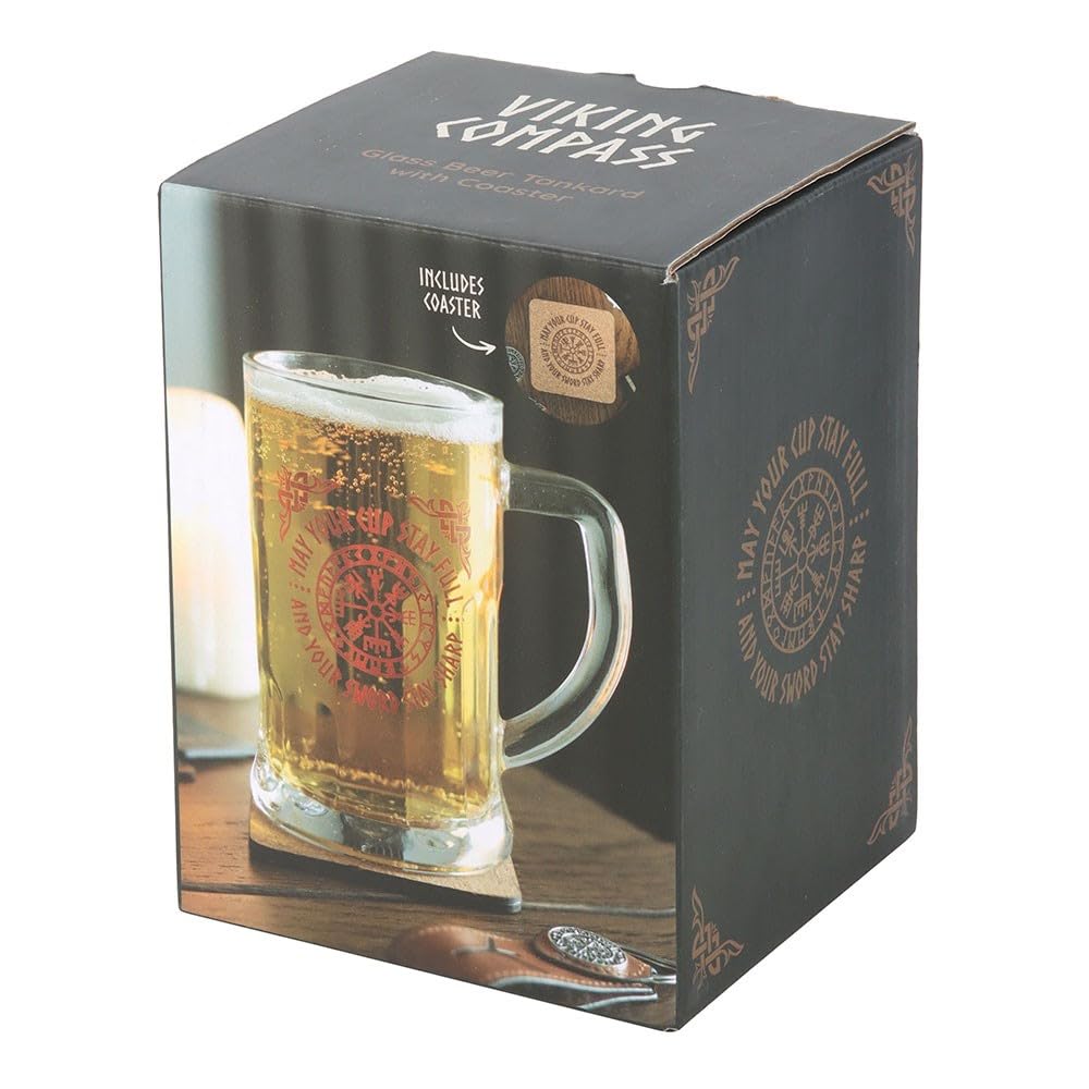 something different Glass Beer Tankard, 500ml, Clear, Vegvisir Compass Design, Viking Theme, Drinking, Gift, with Cork Coaster