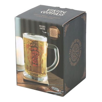 something different Glass Beer Tankard, 500ml, Clear, Vegvisir Compass Design, Viking Theme, Drinking, Gift, with Cork Coaster