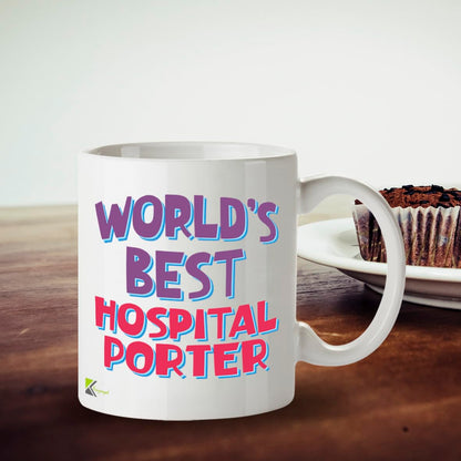 Kruzroyal DZ830 World's Best Hospital Porter Mug 11oz - White Ceramic Coffee & Tea Cup - NHS Thank You, Birthday, Leaving Present for Colleague
