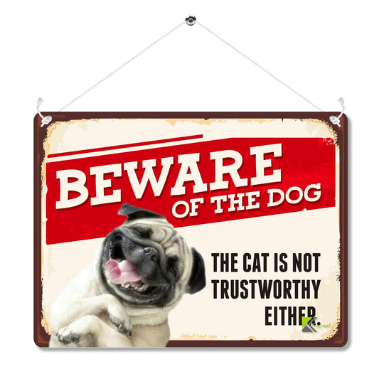 Kruzroyal Funny Beware Of The Dog Metal Wall Sign, Pug & Cat Not Trustworthy Humorous Plaque Gift, Retro Vintage Tin Decor for Home or Porch, 20x15cm with Hanging String